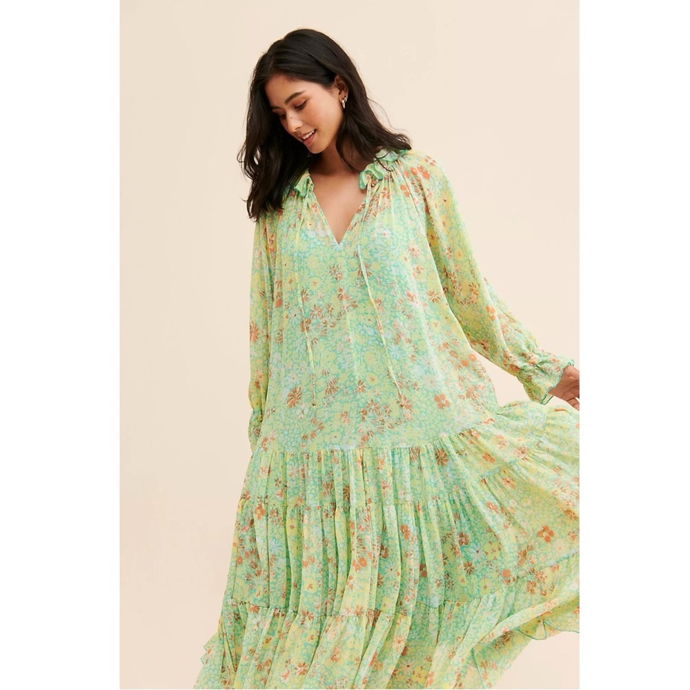 Free People Feeling Groovy Midi Maxi Dress Size Small NWT 70s Chartreuse Floral - Picture 15 of 16